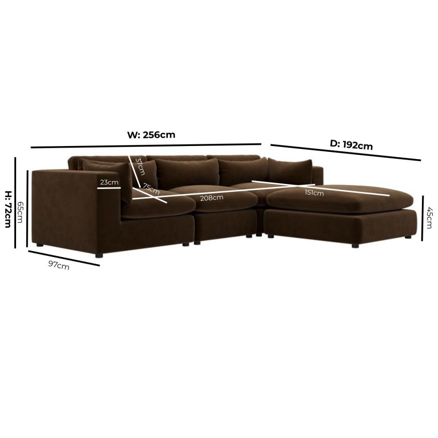 Large Chocolate Brown Velvet 4-Seater Reversible Chaise Corner Sofa – Hudson  