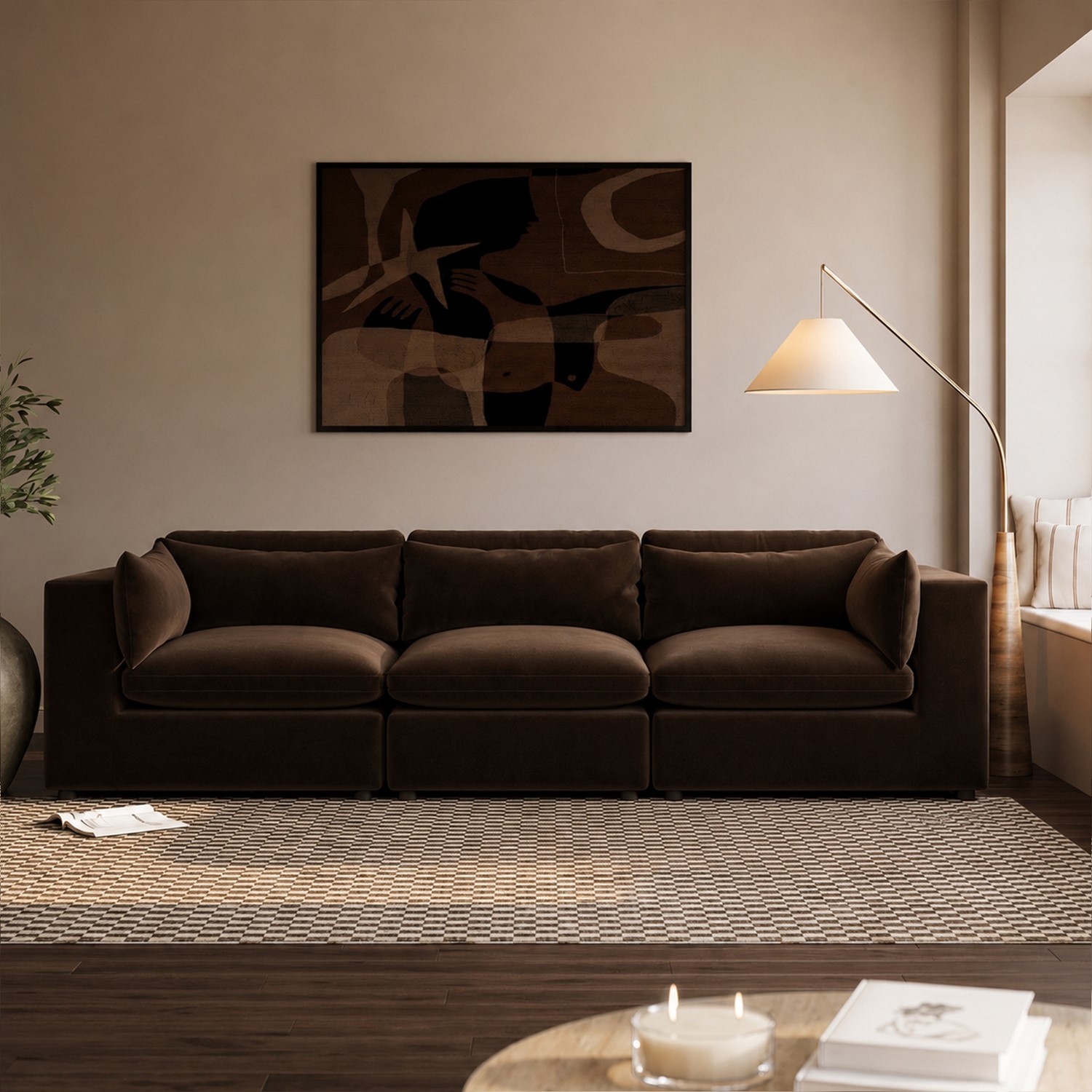 Chocolate Brown Velvet 4 Seater Sofa
