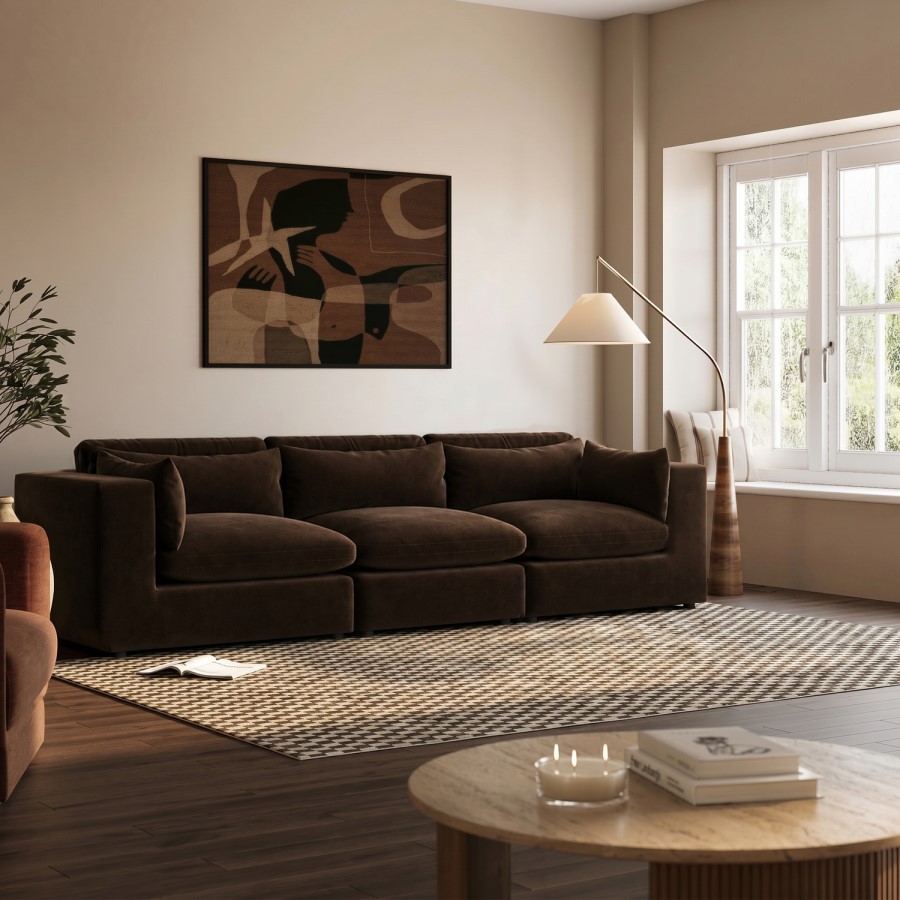 Large Chocolate Brown Velvet 4 Seater Sofa - Hudson