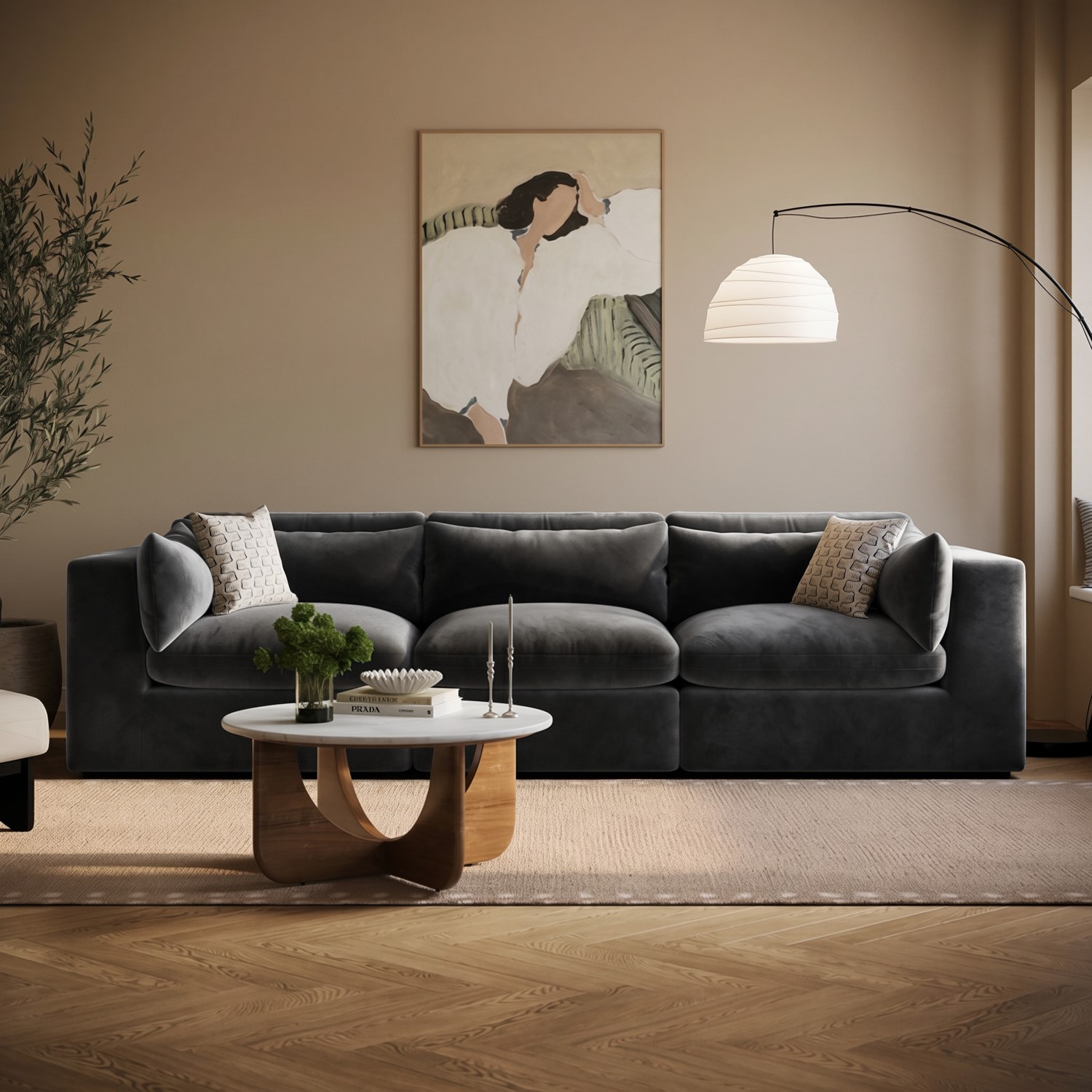 Large Charcoal Grey Velvet 4 Seater Sofa