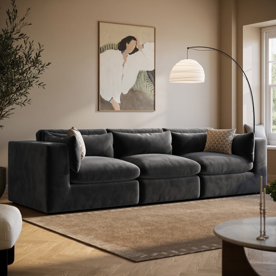 Large Charcoal Grey Velvet 4 Seater Sofa - Hudson