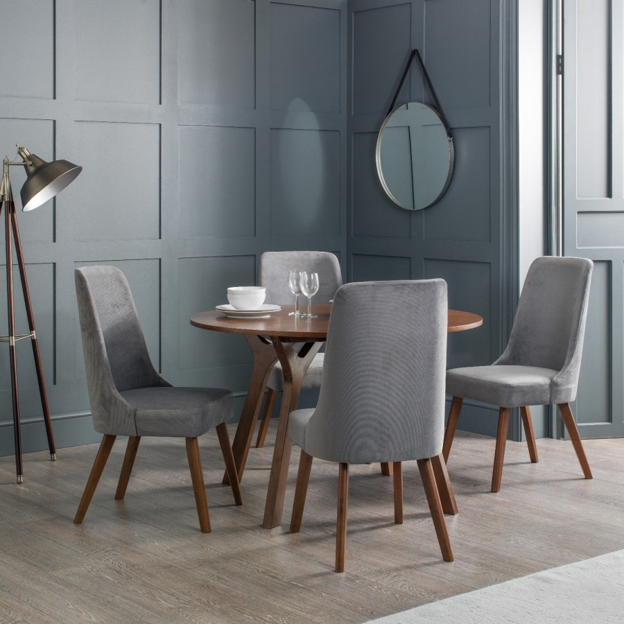Julian Bowen Huxley Walnut Dining Table and 4 Grey Velvet Chairs