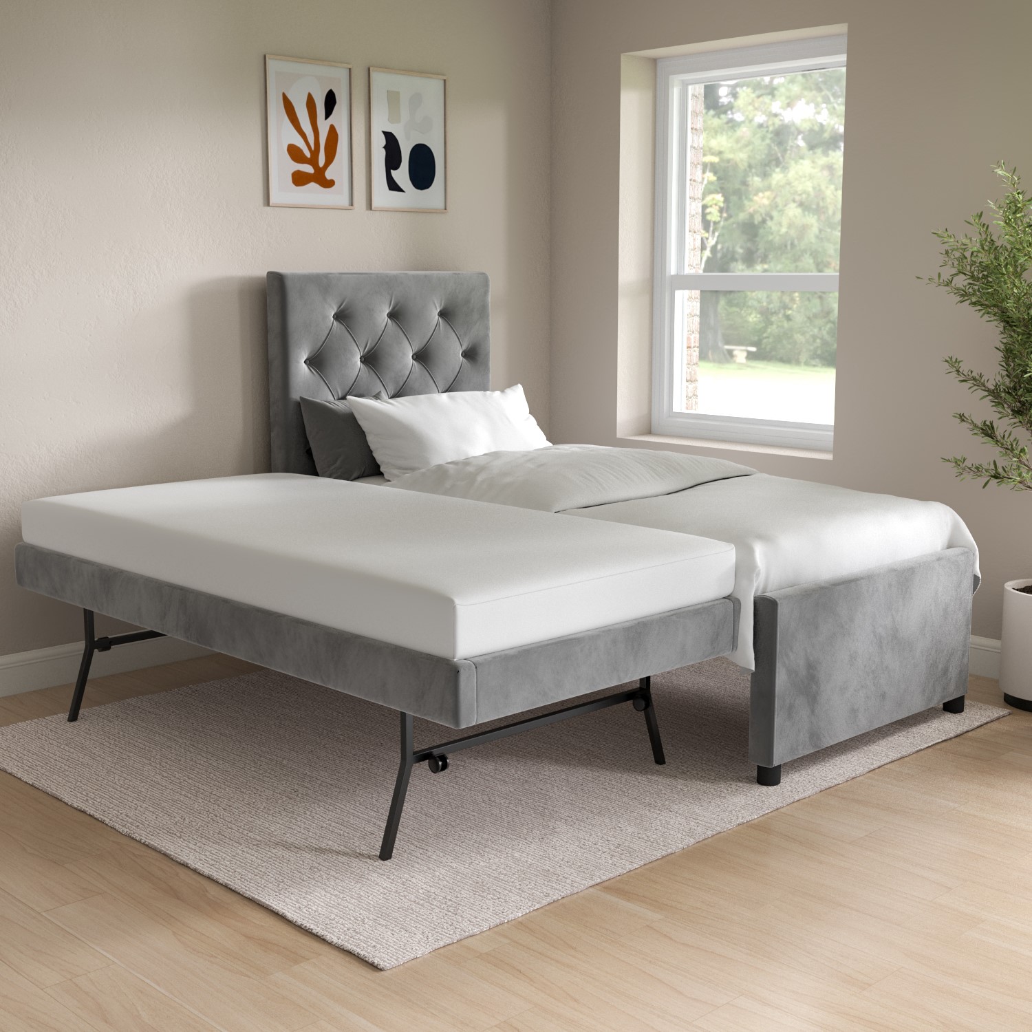 Photo of Single grey velvet guest bed with trundle - isabel