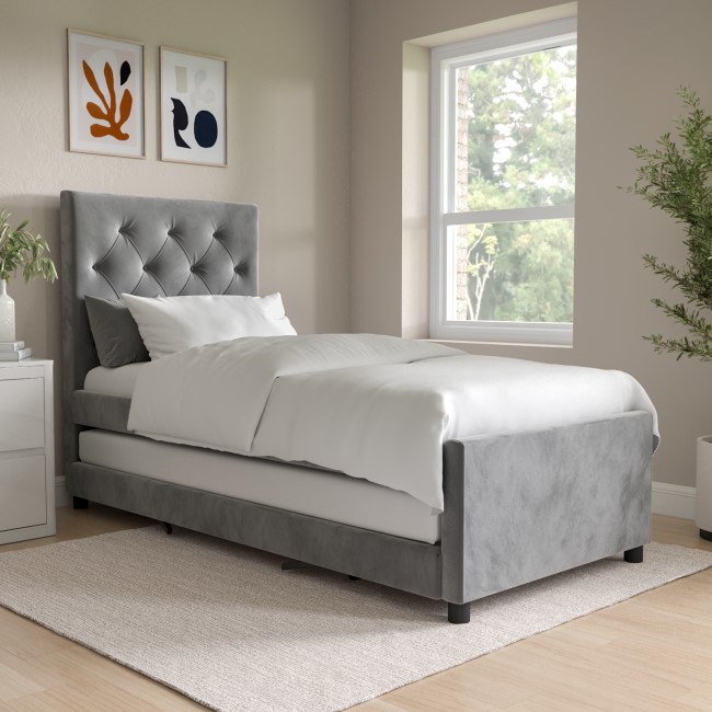 Single Grey Velvet Guest Bed with Trundle  - Isabel