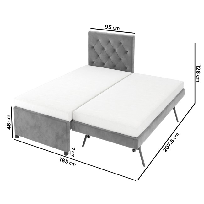 Single Grey Velvet Guest Bed with Trundle  - Isabel