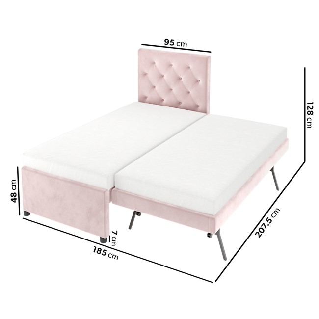 Single Pink Velvet Guest Bed with Trundle  - Isabel