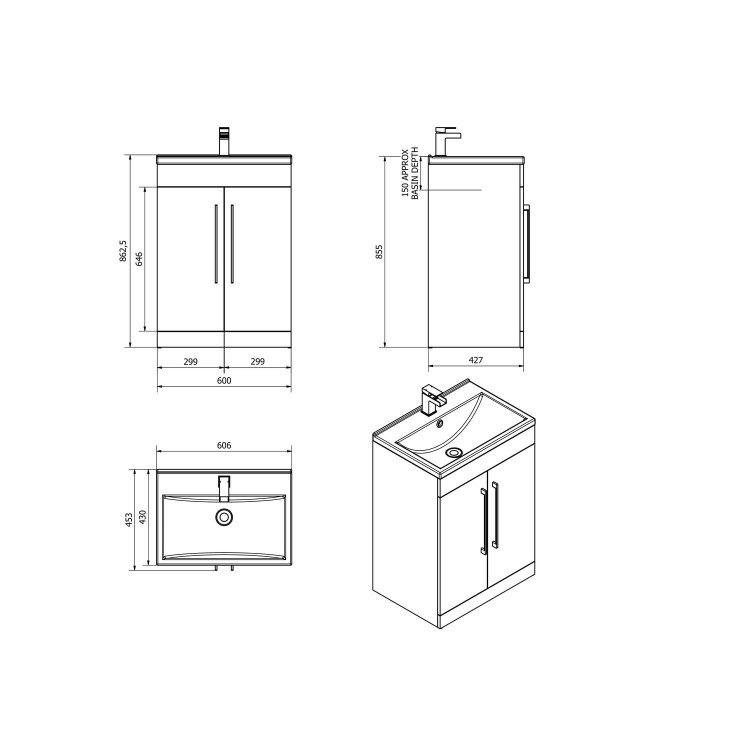 White Free Standing Bathroom 2 Door Vanity Unit - Without Basin - W600mm