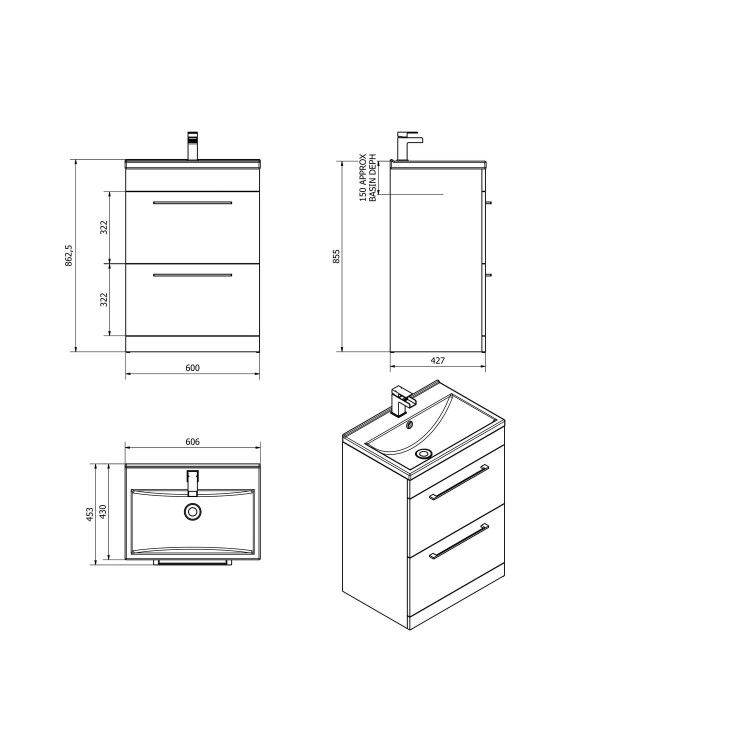 White Free Standing Bathroom Vanity Unit - Without basin - W600mm