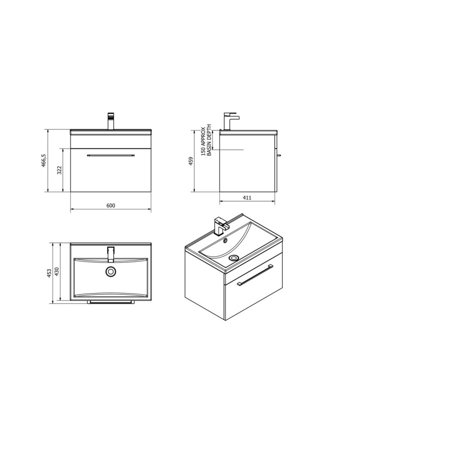 Grey Wall Hung Bathroom Vanity Unit - Without Basin - W600mm