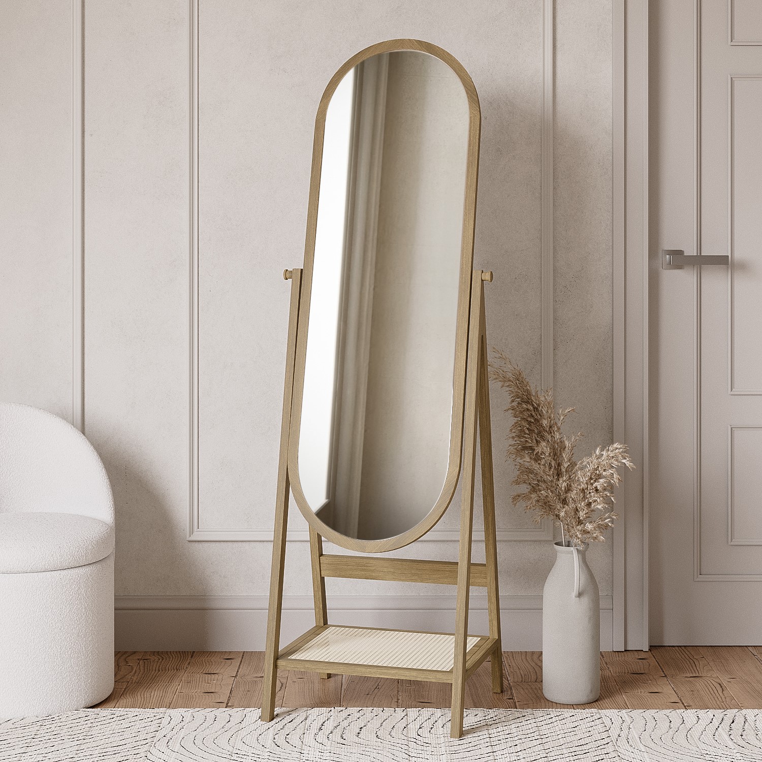 Oak Full Length Free Standing Oval Mirror Shelf