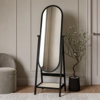 ALMOST PERFECT - Black Full Length Free-Standing Oval Mirror with Shelf - Ida