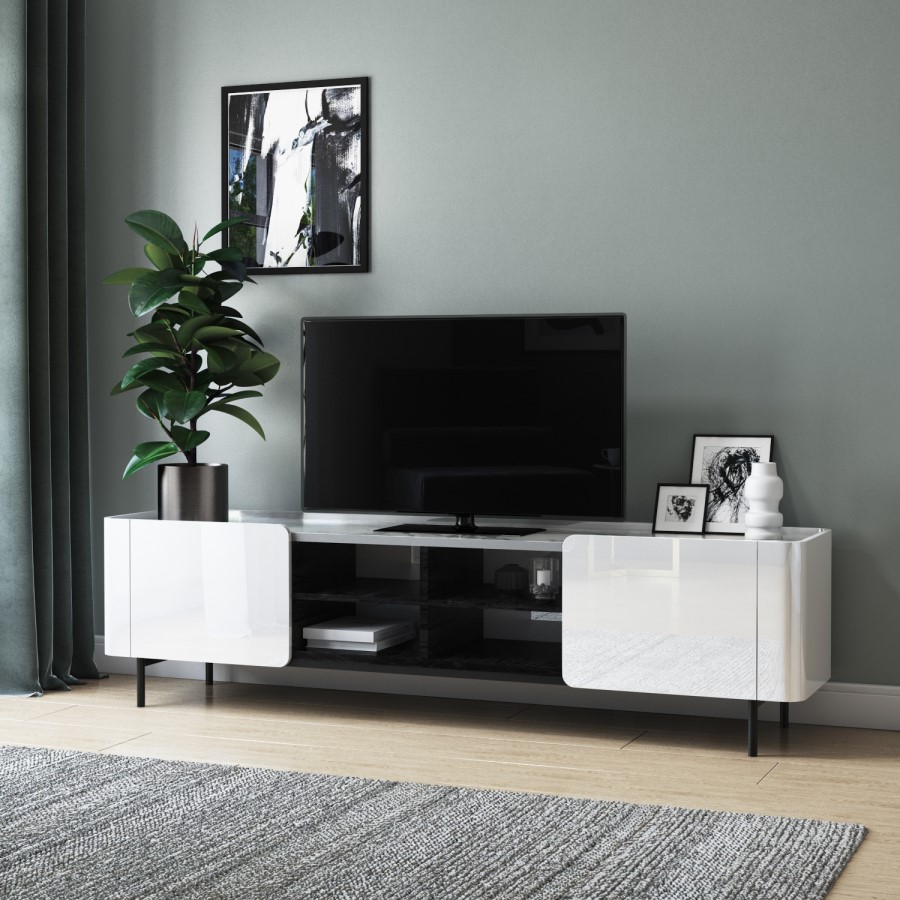 GRADE A1 - White Gloss and Marble Curved TV Unit - Isla
