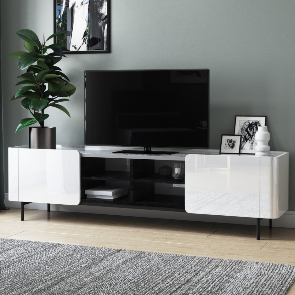 White Gloss and Marble Curved TV Unit Isla Furniture123