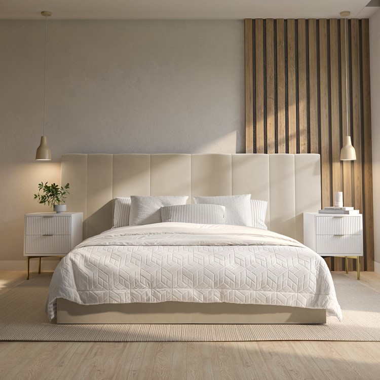 Beige Velvet Double Ottoman Bed with Wide Headboard - Iman