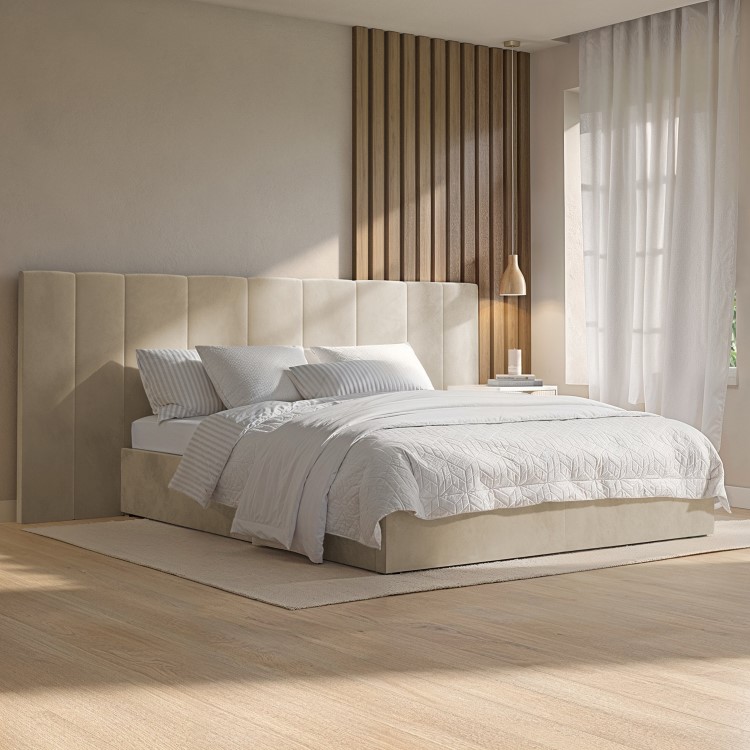 Beige Velvet Double Ottoman Bed with Wide Headboard - Iman