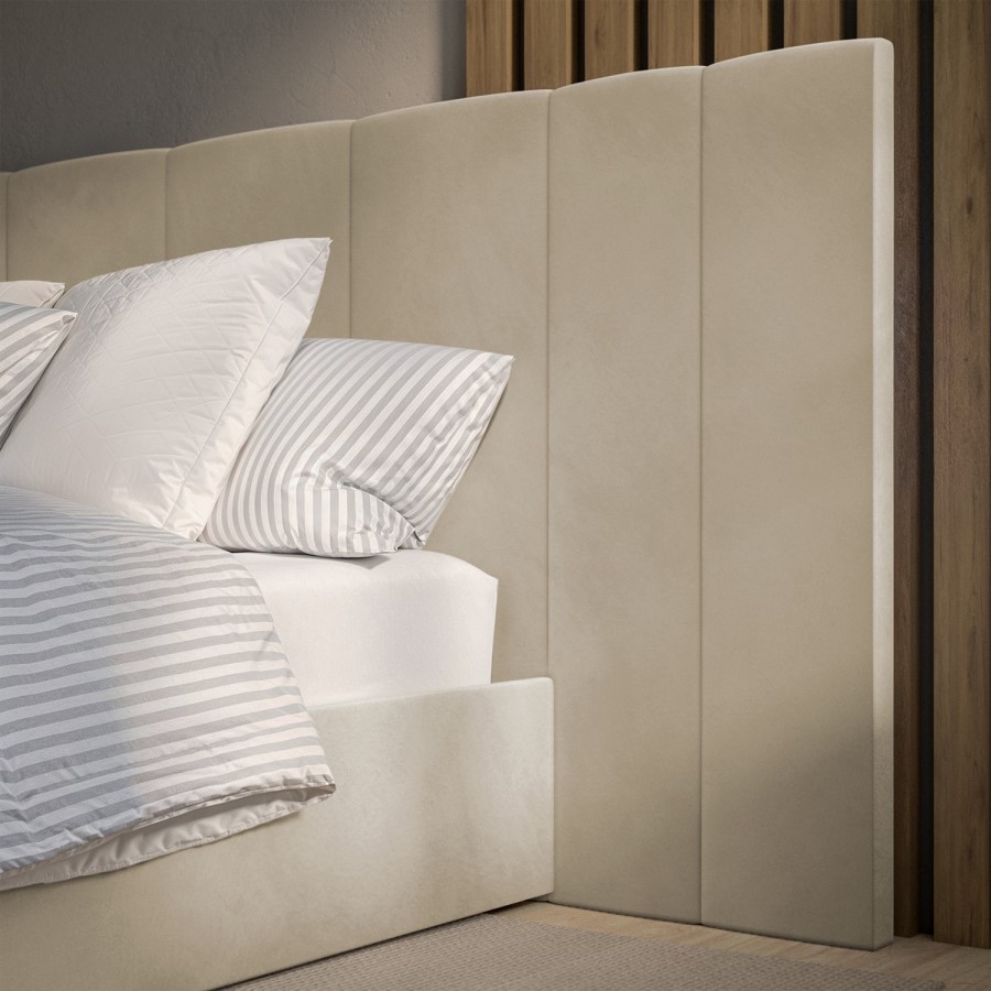 GRADE A1 - Beige Velvet Double Ottoman Bed with Wide Headboard - Iman