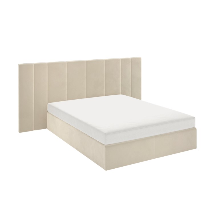 Beige Velvet Double Ottoman Bed with Wide Headboard - Iman