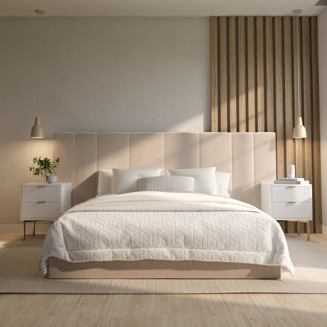 Beige Velvet Double Ottoman Bed with Wide Headboard - Iman