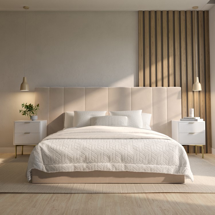 Beige Velvet Double Ottoman Bed with Wide Headboard - Iman