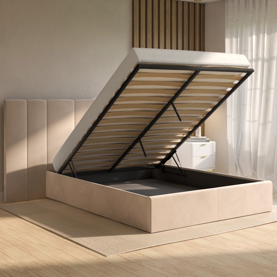 GRADE A1 - Beige Velvet Double Ottoman Bed with Wide Headboard - Iman