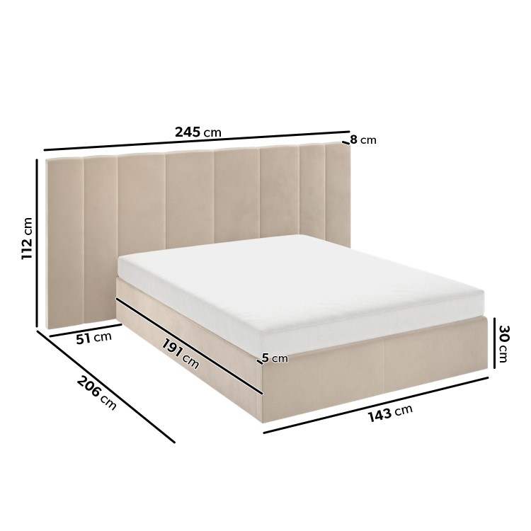 Beige Velvet Double Ottoman Bed with Wide Headboard - Iman