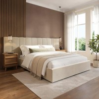 Beige Velvet King Size Ottoman Bed with Wide Headboard - Iman