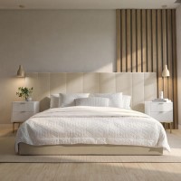 Beige Velvet King Size Ottoman Bed with Wide Headboard - Iman