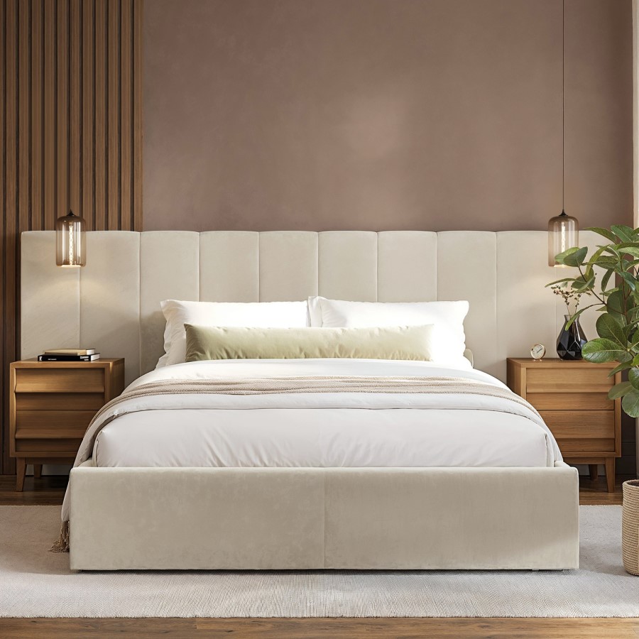 Beige Velvet King Size Ottoman Bed with Wide Headboard - Iman