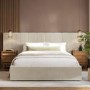 Beige Velvet King Size Ottoman Bed with Wide Headboard - Iman