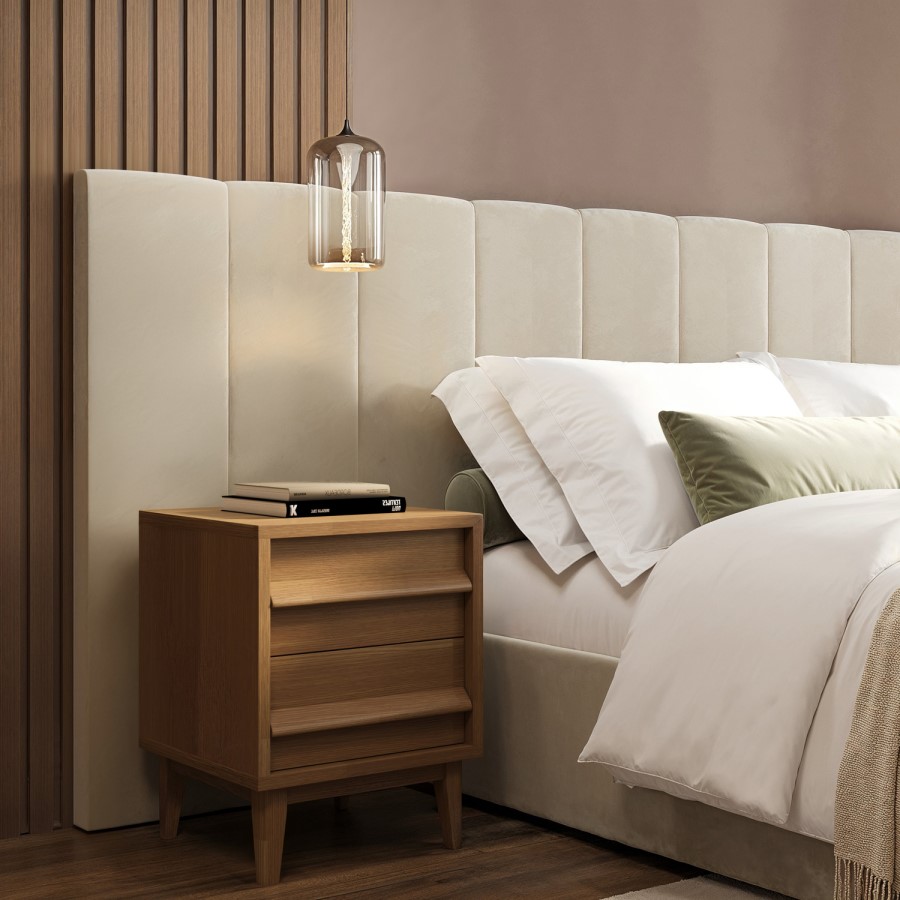 Beige Velvet King Size Ottoman Bed with Wide Headboard - Iman