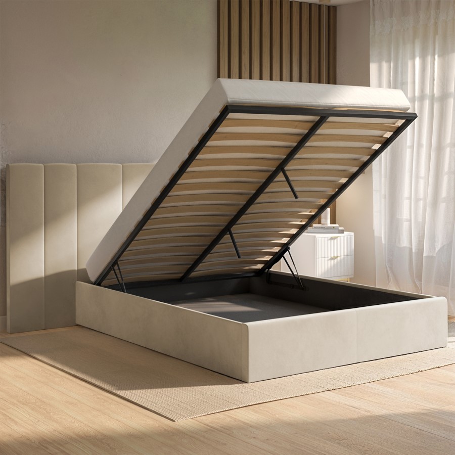 ONLY OPENED - Beige Velvet King Size Ottoman Bed with Wide Headboard - Iman