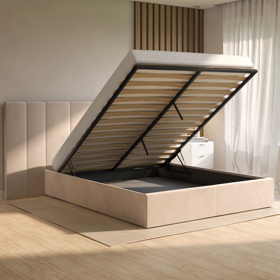 GRADE A1 - Beige Velvet King Size Ottoman Bed with Wide Headboard - Iman