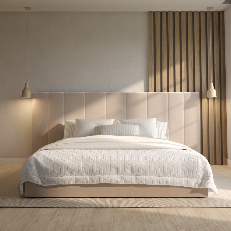 GRADE A1 - Beige Velvet King Size Ottoman Bed with Wide Headboard - Iman