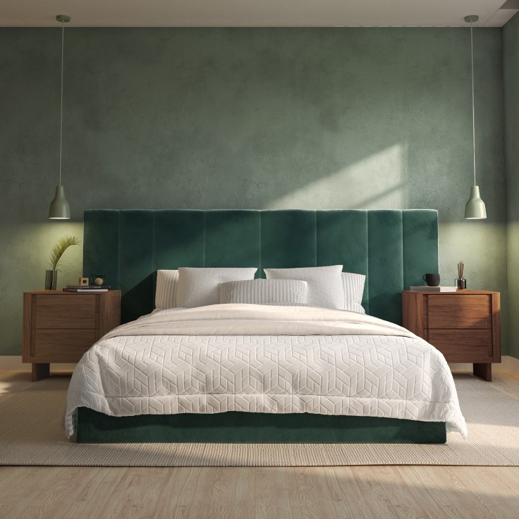 ONLY OPENED - Green Velvet Double Ottoman Bed with Wide Headboard - Iman