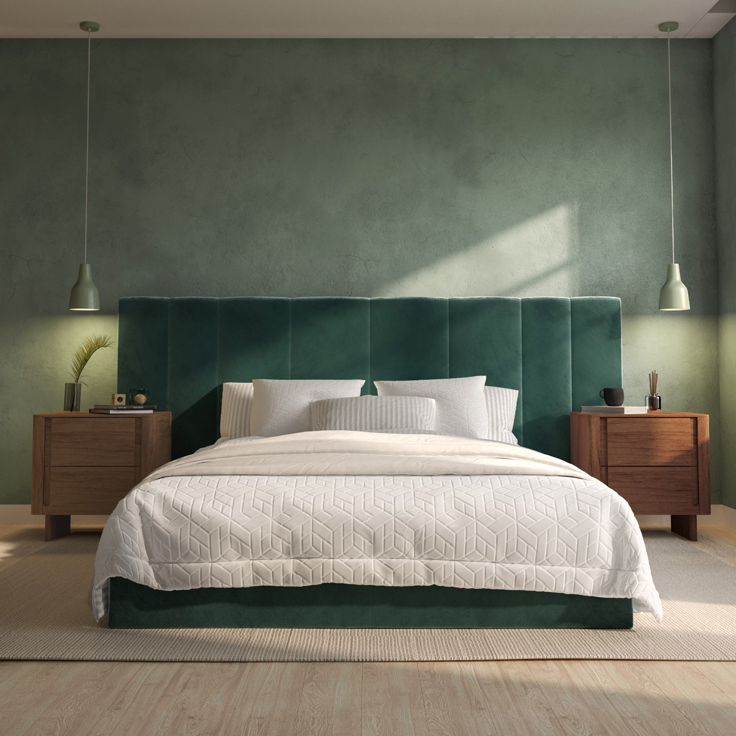 Photo of Green velvet double ottoman bed with wide headboard - iman