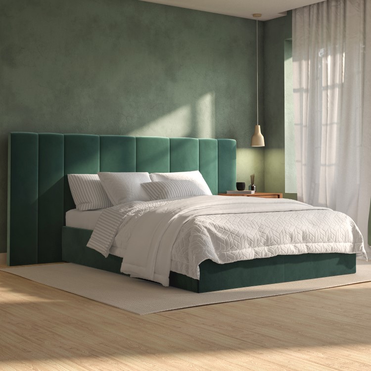 ONLY OPENED - Green Velvet Double Ottoman Bed with Wide Headboard - Iman