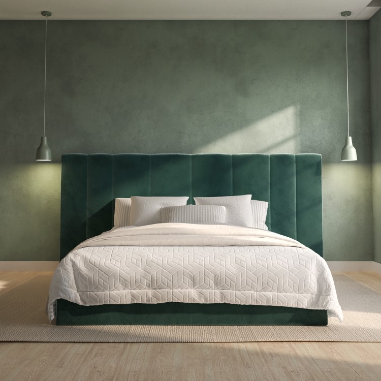 ONLY OPENED - Green Velvet Double Ottoman Bed with Wide Headboard - Iman