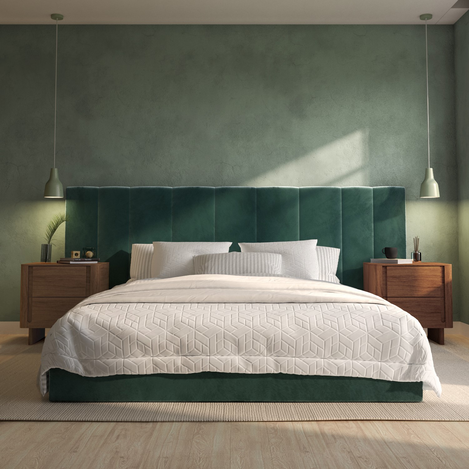 Photo of Green velvet king size ottoman bed with wide headboard - iman