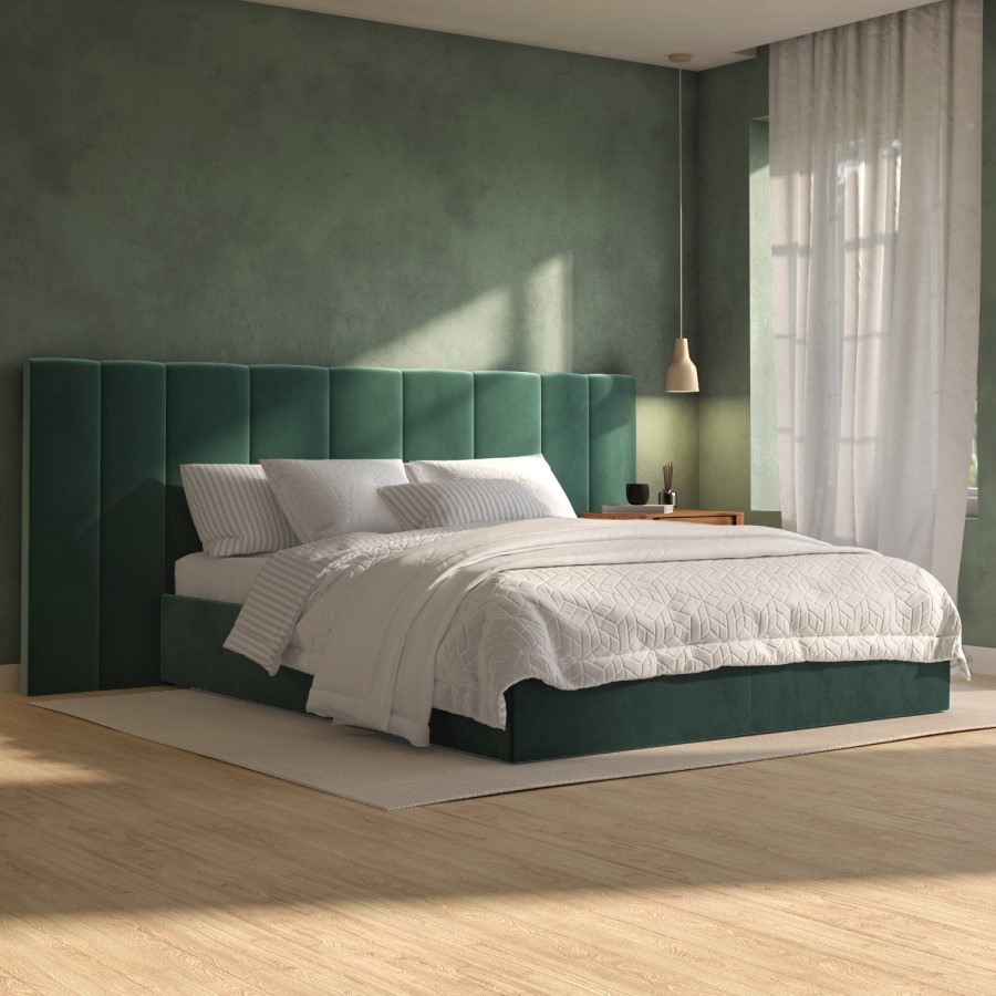 Green Velvet King Size Ottoman Bed with Wide Headboard - Iman