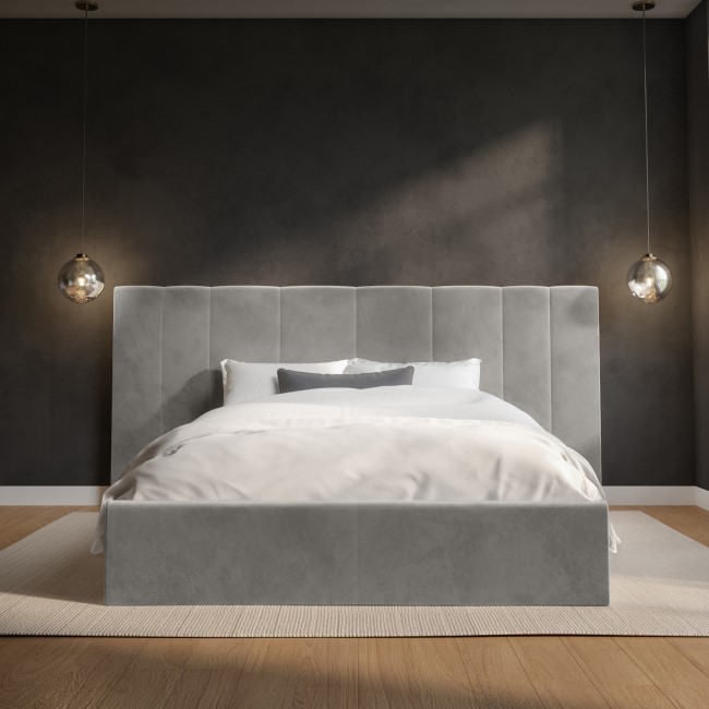 Grey Velvet Double Ottoman Bed with Wide Headboard - Iman