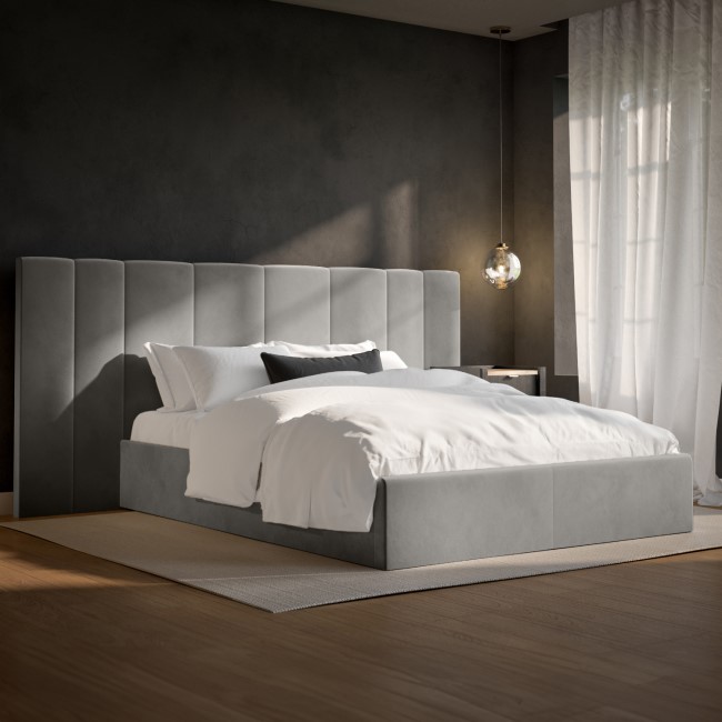 Grey Velvet Double Ottoman Bed with Wide Headboard - Iman