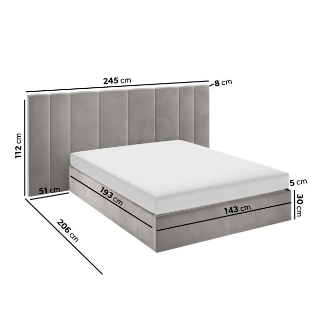 Grey Velvet Double Ottoman Bed with Wide Headboard - Iman