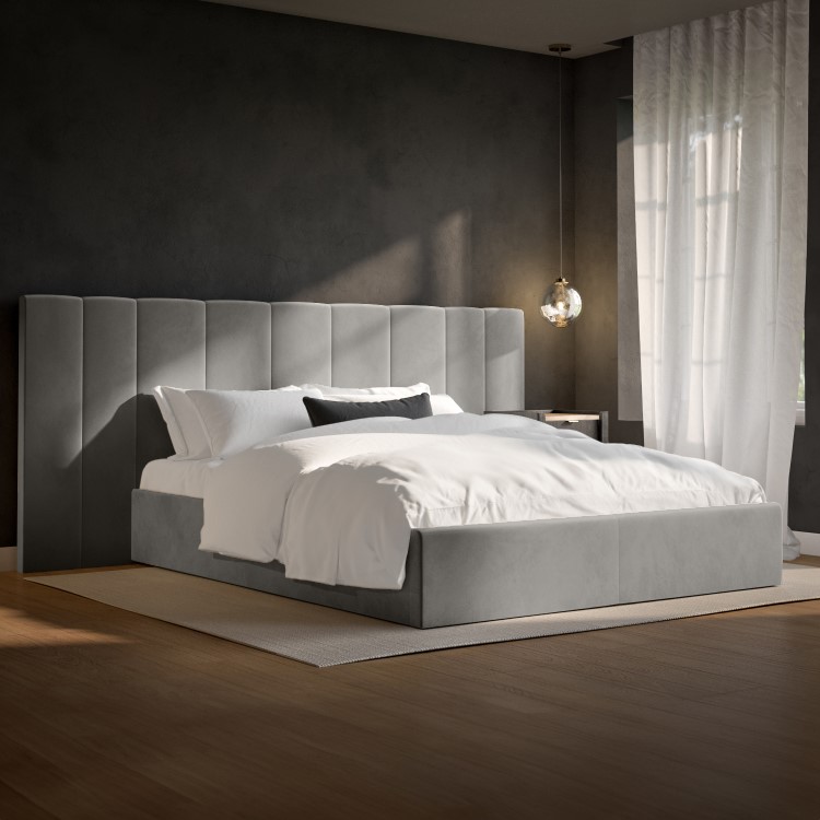 ONLY OPENED - Grey Velvet King Size Ottoman Bed with Wide Headboard - Iman