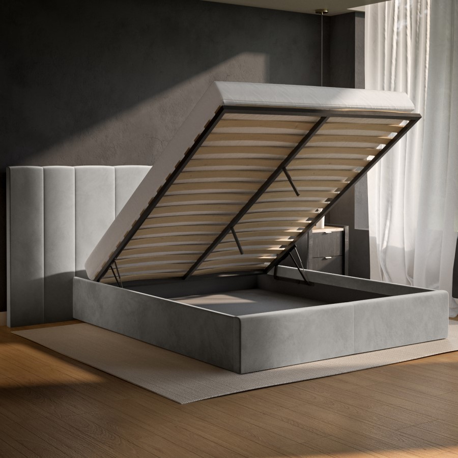 Grey Velvet King Size Ottoman Bed with Wide Headboard - Iman