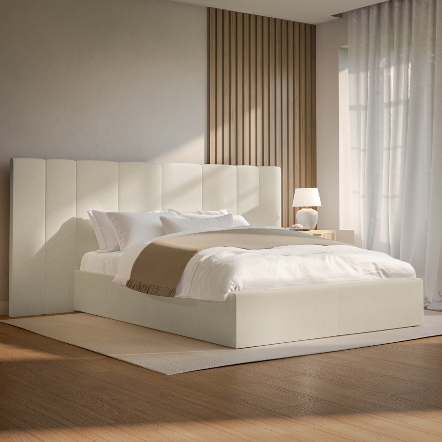 ONLY OPENED - Off-White Upholstered Double Ottoman Bed with Wide Headboard - Iman