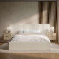 Off-White Fabric Double Ottoman Bed with Wide Headboard - Iman