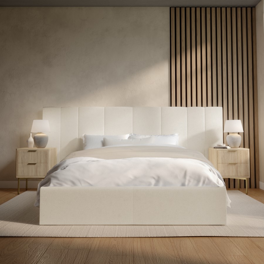 ONLY OPENED - Off-White Upholstered Double Ottoman Bed with Wide Headboard - Iman