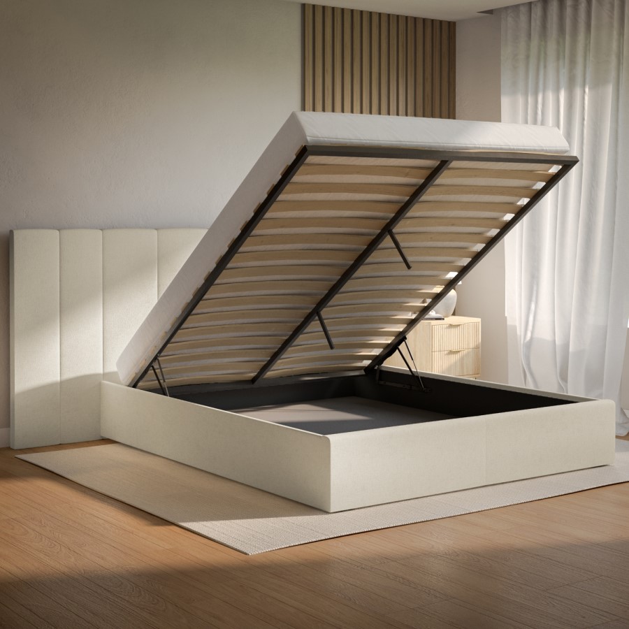 ONLY OPENED - Off-White Upholstered Double Ottoman Bed with Wide Headboard - Iman