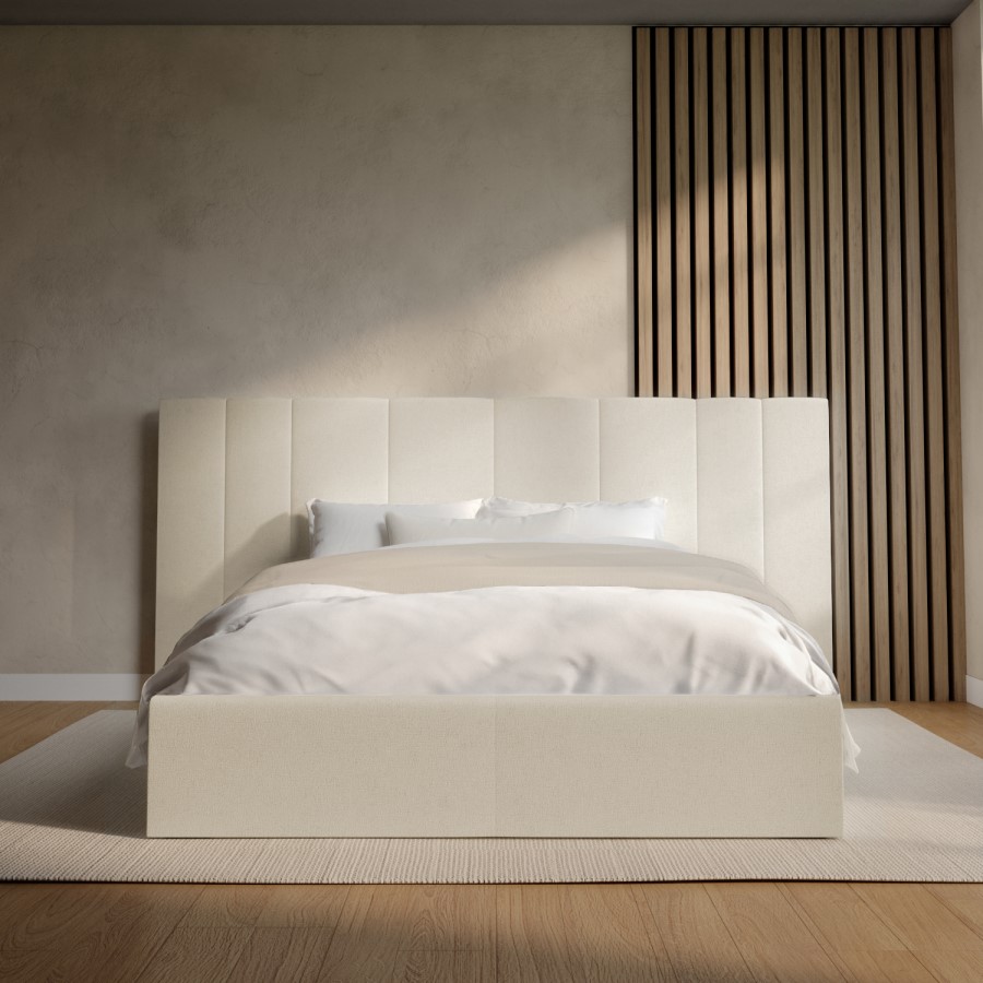 ONLY OPENED - Off-White Upholstered Double Ottoman Bed with Wide Headboard - Iman