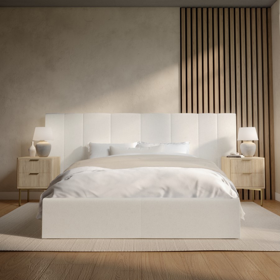 ONLY OPENED - Off White Fabric Double Ottoman Bed with Wide Headboard - Iman